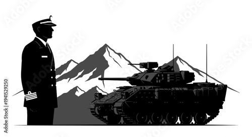 Military Officer Standing Beside Armored Vehicle with Mountains Background