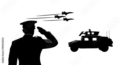 Military Officer Saluting Jet Fighters and Humvee