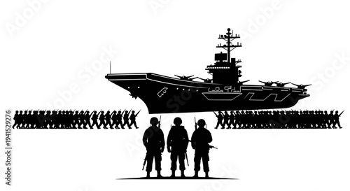 Military Parade Formation with Aircraft Carrier Silhouette and Soldiers