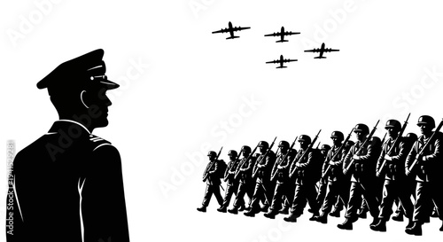 Military Parade: General Inspects Troops Marching with Airplanes Flying Overhead