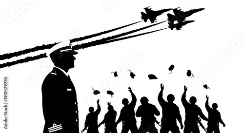 Military parade: jets fly over cheering crowd and saluting officer