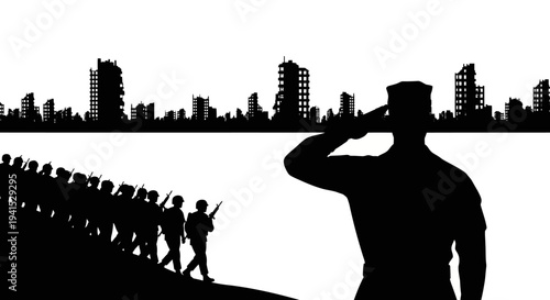 Military Parade Salutes Ruined City Skyline Silhouette