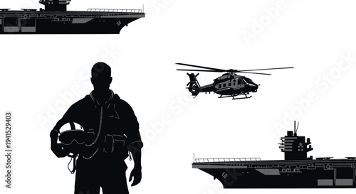 Military Pilot with Helicopter and Aircraft Carriers Silhouette