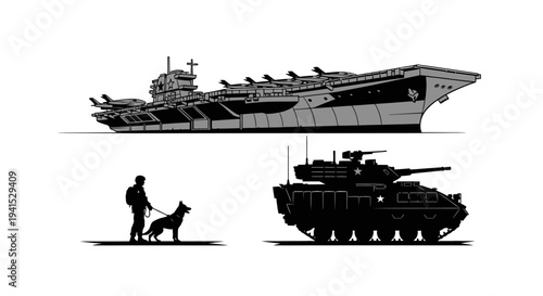 Military Power: Aircraft Carrier, Tank, and Soldier with Dog Silhouette