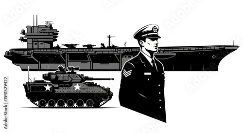 Military Power: Aircraft Carrier, Tank, and Officer - Symbol of Naval and Ground Force Strength