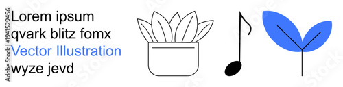 Branding, visual identity, graphic design, modern art, nature, music. Image features a potted plant, musical note and artistic leaf with stylized text. Branding and visual identity concept