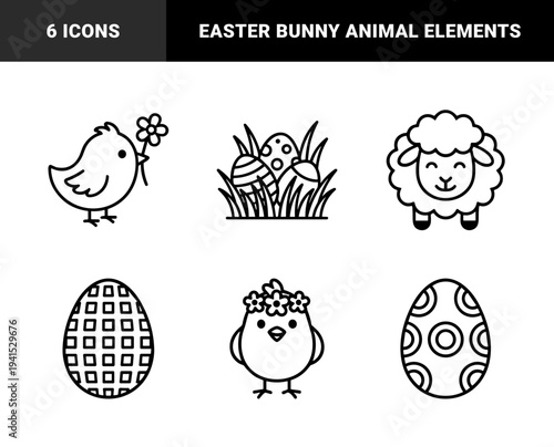 Easter holiday and springtime celebration elements for seasonal greeting cards. Bold monoline illustrations featuring sheep, chicks, and decorated eggs.