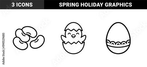Easter holiday celebration elements featuring a hatching chick, decorative egg, and jelly beans in a chunky monoline minimalist style.