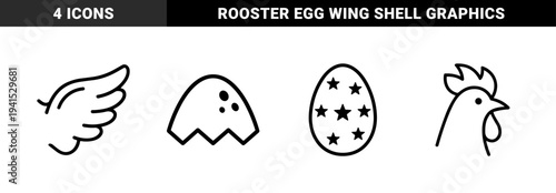 Avian life cycle and poultry farming monoline symbols. Minimalist geometric illustrations of a cracked shell, bird wing, rooster head, and decorated egg.