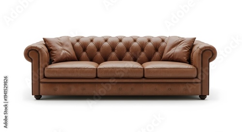 Luxurious brown leather Chesterfield sofa with tufted buttons and classic design on white background, studio shot for furniture catalog.