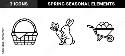 Spring harvest and easter gardening monoline elements. Chunky geometric line art featuring a wicker basket, rabbit with carrot, and garden wheelbarrow with eggs.