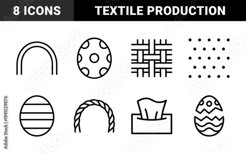 Textile and fabric manufacturing process symbols featuring weaving patterns, fiber strands, cotton textures, and garment production elements in monoline style.