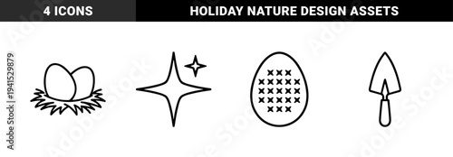 Spring easter celebration and gardening elements for seasonal marketing. Technical monoline pictograms featuring eggs nest stars and trowel.