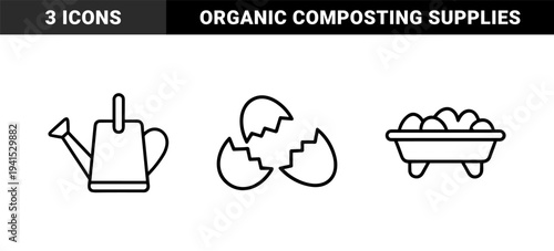Sustainable gardening and organic composting elements for eco-friendly lifestyle. Monoline black and white illustrations featuring watering can, eggshells, and fertilizer.