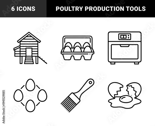Poultry farming and organic egg production elements. Monolinear black stroke graphics featuring chicken coop, egg carton, and kitchen baking tools.