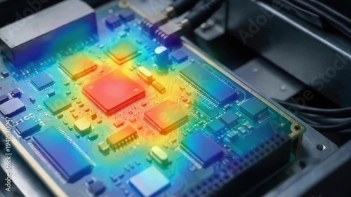 Next gen engineering solution simulation digital twin thermal analysis technology concept for hot electronics circuit board processor chip computer