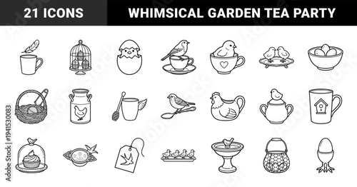 Bird and tea themed line art illustrations for spring stationery and cafe branding. Whimsical monoline sketches featuring chicks, nests, and teacups.
