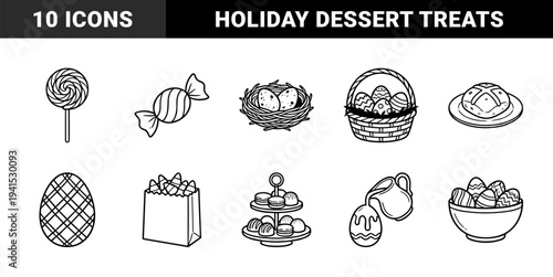 Easter holiday sweets and traditional treats for seasonal marketing. Hand-drawn monoline illustrations featuring chocolate eggs, hot cross buns, and candy.