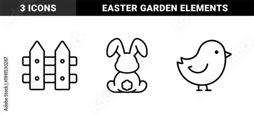 Easter spring celebration elements in chunky monoline style featuring a sitting rabbit back view garden fence and a small chick bird.