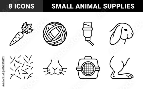 Rabbit care and small animal pet ownership elements in technical monoline style. Minimalist pictograms featuring bunny diet, hydration, and transport equipment.