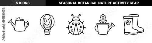 Spring gardening and outdoor nature elements in monolinear style. Chunky aesthetic featuring bunny in hot air balloon, watering can, ladybug, rain boots, and potted flower.