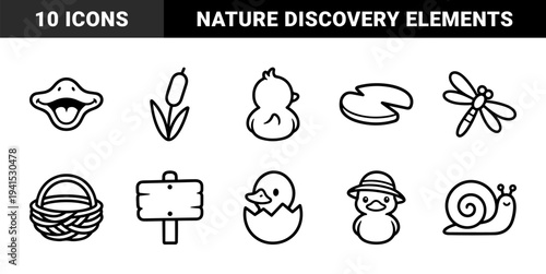 Pond life and nature discovery elements for children's educational materials. Chunky monoline illustrations featuring ducks, insects, and wetland plants.