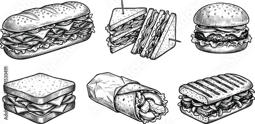 Hand drawn sandwich, burger and wrap fast food illustration set, vintage engraving style street food sketch collection isolated