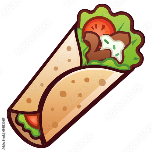 Classic Doner Kebab Wrap or Shawarma Vector Illustration. A vibrant vector graphic of a classic doner kebab wrap or shawarma. Features a toasted tortilla or pita bread filled with juicy meat, fresh 