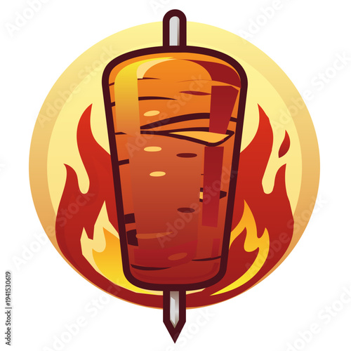 Rotating Doner Kebab Meat on Spit with Flames Logo. A powerful logo-style vector illustration of a rotating doner kebab meat spit (gyro) against a background of red and orange flames. 