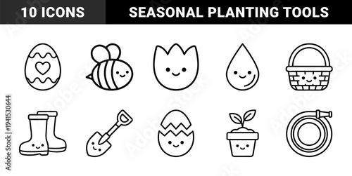 Spring gardening and Easter celebration line art elements. Minimalist kawaii style pictograms for seasonal planting and holiday festivities.