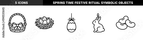 Easter holiday celebration elements for seasonal greeting cards. Bold monoline pictograms featuring festive basket, nest, rabbit, and egg graphics.