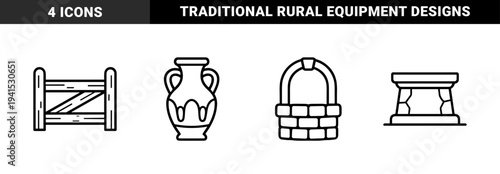 Ancient agrarian life and archaeological discovery elements. Rustic monoline pictograms featuring a ceramic amphora, wooden fence, wicker basket, and stone altar.