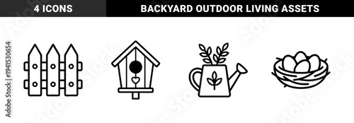 Spring gardening and backyard nature elements in chunky monoline style. Minimalist birdhouse, wooden fence, watering can with plants, and bird nest.