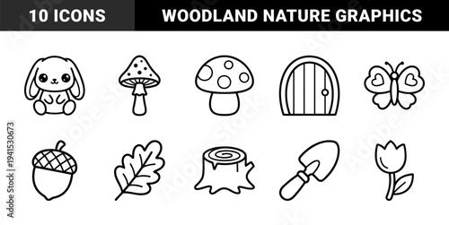 Whimsical forest nature elements and woodland creatures in a thick monoline style. Cute hand-drawn garden graphics for children's coloring books and nursery decor.