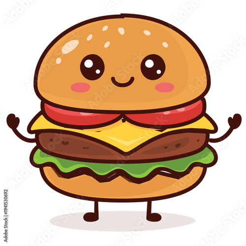Happy Standing Burger Character with Open Arms. Full body kawaii hamburger character with big shiny eyes, rosy cheeks, and open arms. Cheerful fast food mascot vector illustration