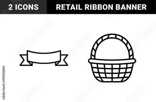 Wicker basket and blank ribbon banner for organic branding. Minimalist monoline graphic elements for farmhouse packaging and retail signage.