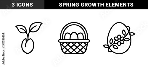 Easter holiday celebration elements in chunky monoline style. Minimalist spring botanical graphics featuring a woven basket with eggs, a sprouting seed, and a floral egg.