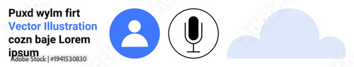 Communication, audio recording, voice recognition, user interface design, cloud computing, digital connectivity. User icon, microphone symbol and cloud shapes. Communication and audio recording
