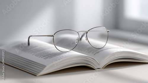 Book with glasses on minimalist studio setup