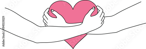 Hands holding heart love care support line art vector illustration concept