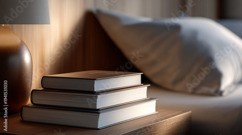 Books on bedside table photorealistic interior