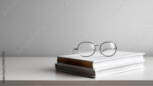 Book with glasses on minimalist studio setup