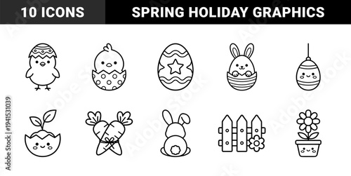 Easter holiday celebration elements in chunky monoline style. Minimalist spring seasonal graphics featuring cute bunnies, chicks, decorated eggs, and garden motifs.