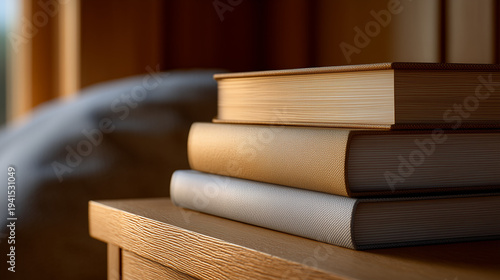 Books on bedside table photorealistic close-up interior