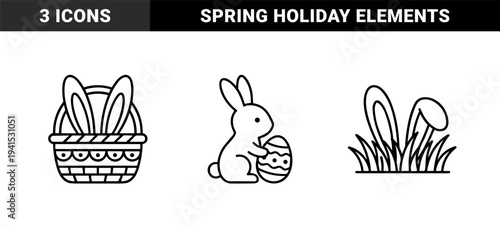 Easter holiday celebration line art with rabbit holding egg and bunny ears in basket. Minimalist monoline contour drawings for seasonal spring decor.