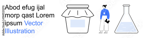 Research, homemade goods, production, science, experimentation, analysis. A jar, a lab flask and a person with a clipboard are visible. Research and homemade goods concepts illustrated through