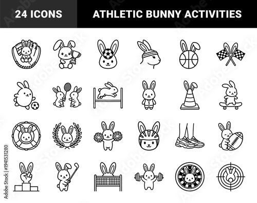 Rabbit sports and athletic competition monoline line art. Playful bunny characters participating in soccer basketball tennis golf and fitness activities.