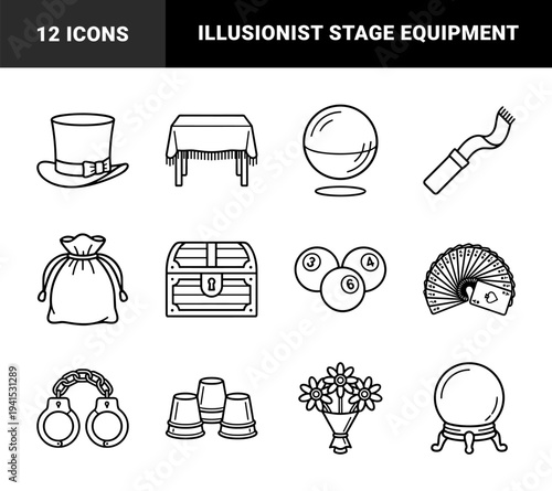 Magic performance and illusionist equipment for stage entertainment. Minimalist monoline pictograms featuring classic sleight of hand and wizardry props.