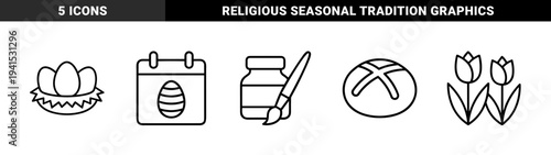 Easter holiday celebration and spring season linear elements. Minimalist monoline pictograms featuring painting supplies, calendar, nested eggs, tulips, and traditional hot cross bun.