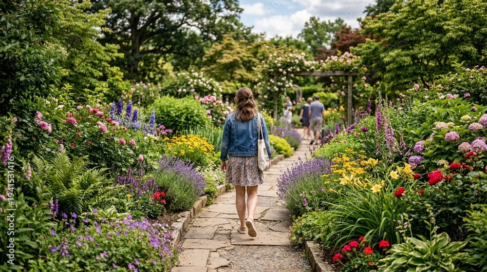 Fototapeta premium Celebrating National Walking Day with a leisurely stroll through a vibrant garden path surrounded by lush greenery and colorful blooms